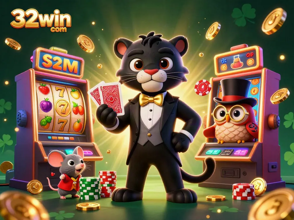 Experience thrilling gameplay at 32win com with charming characters in a vibrant casino illustration.