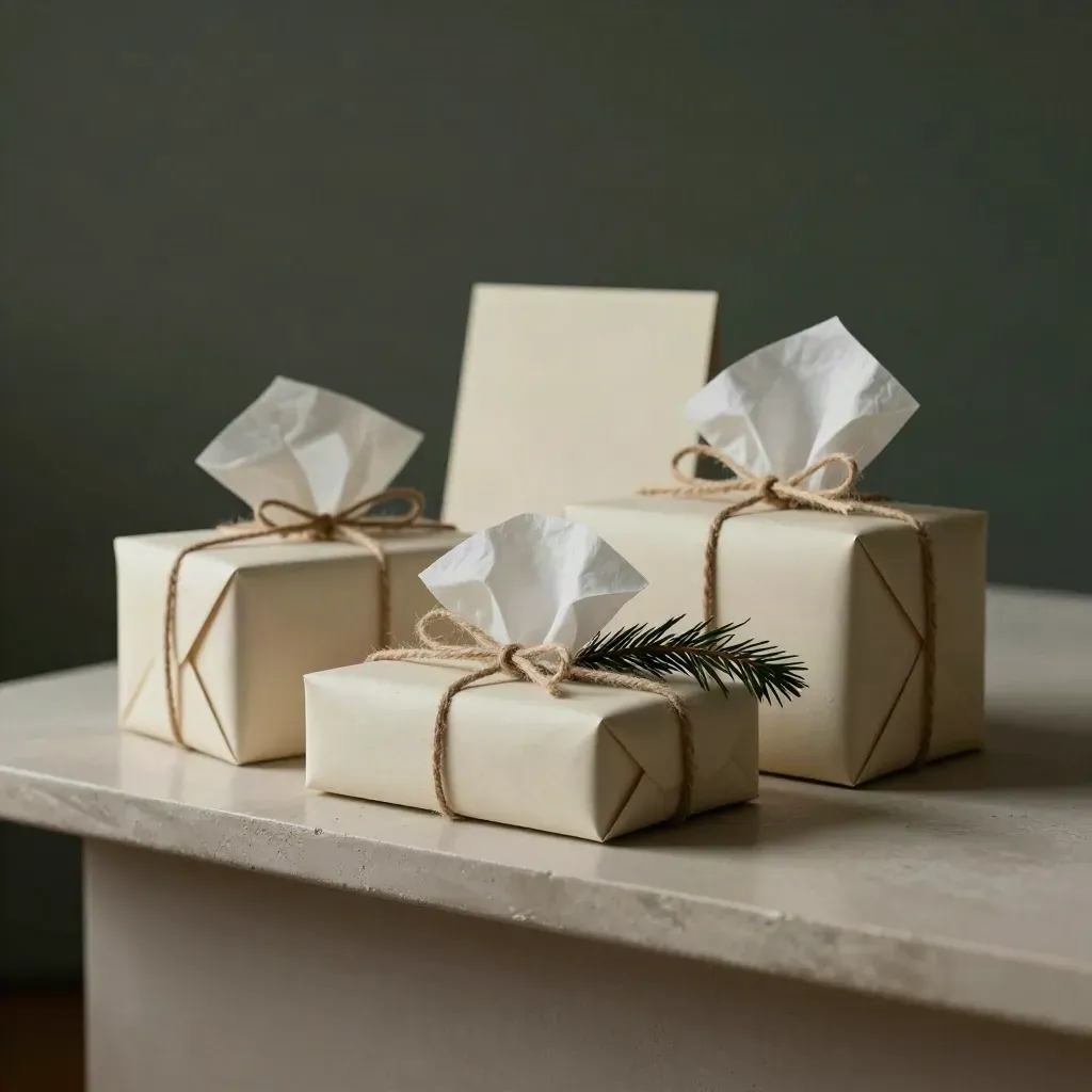 Three gift boxes with tissue and cedar branch on a pale bench in moody studio light.