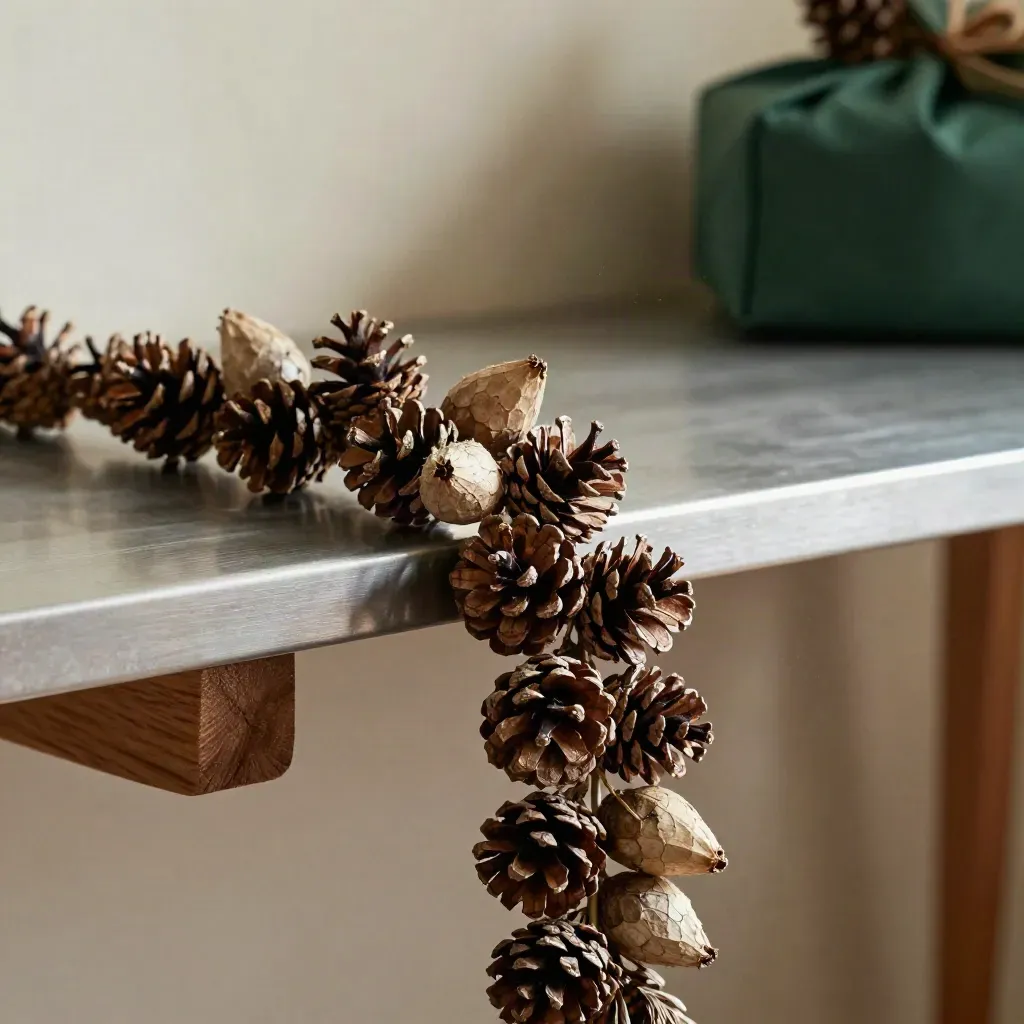 Pinecone garland with cedar tips draped over a shelf in soft daylight