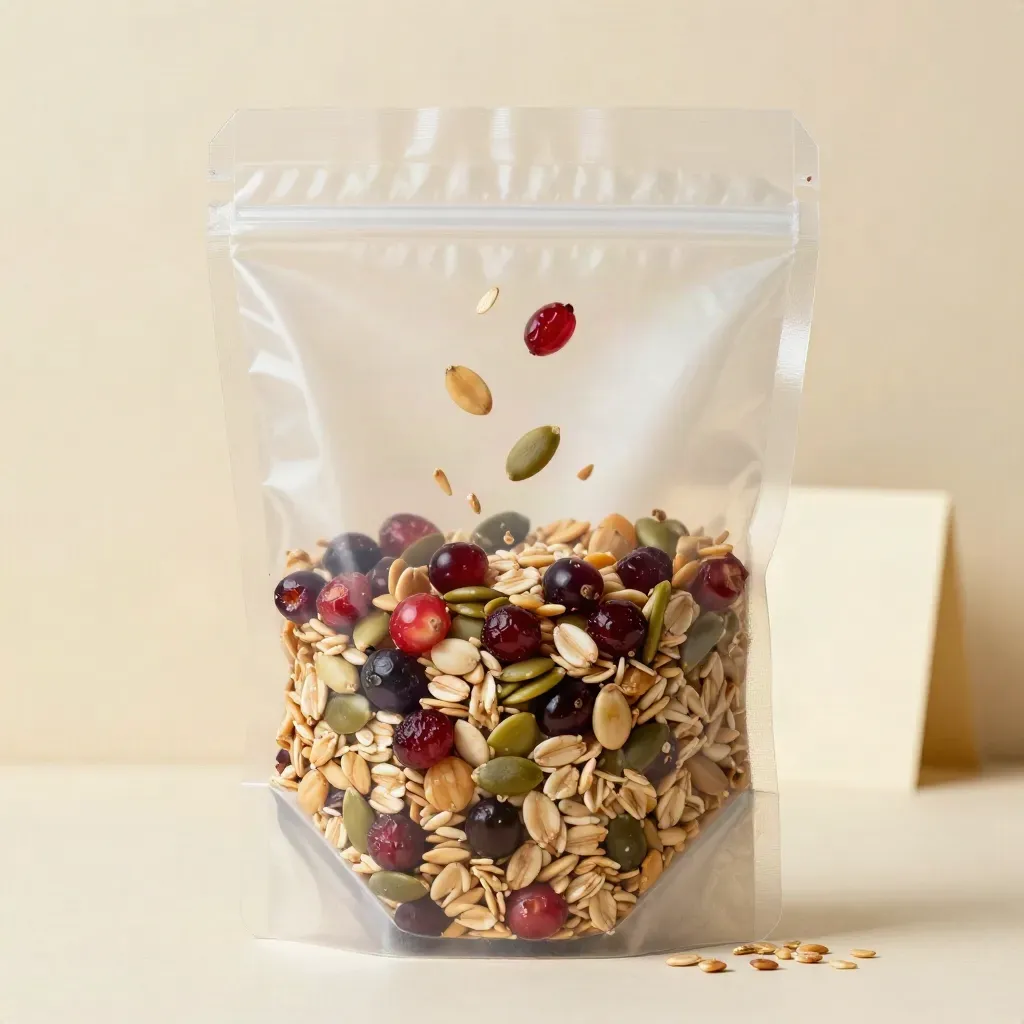 Clear pouch of snack mix tipping mid-spill on cream, with oats, cranberries, and seeds