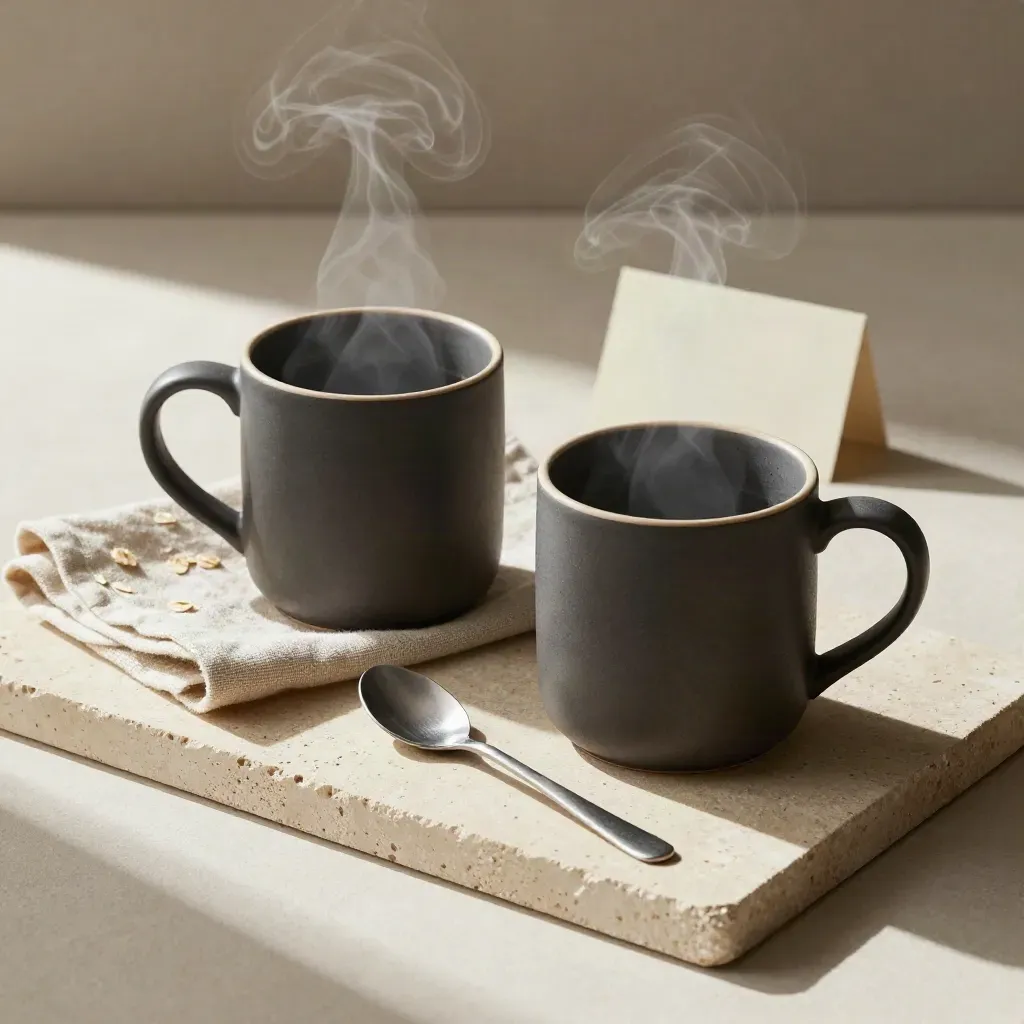 Matte ceramic mug pair with linen cloth and spoon, steam rising on pale stone.