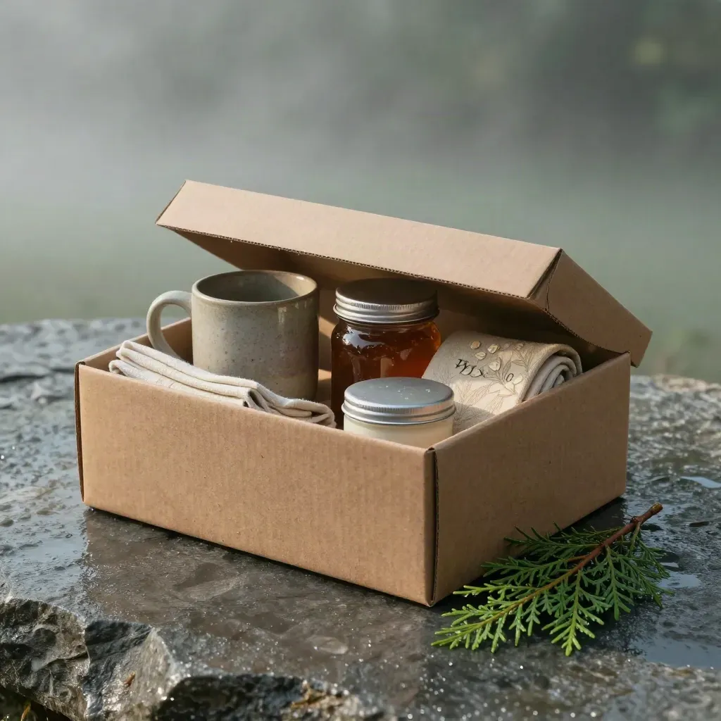 Open kraft gift box with home goods on wet limestone at dawn, mist clearing