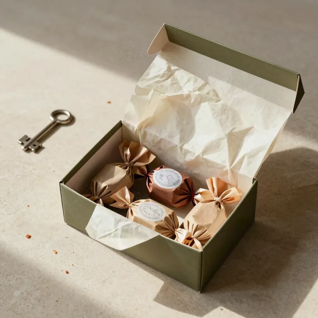 Overhead open treat box with tissue, wrapped sweets and ribbon loops on pale stone.