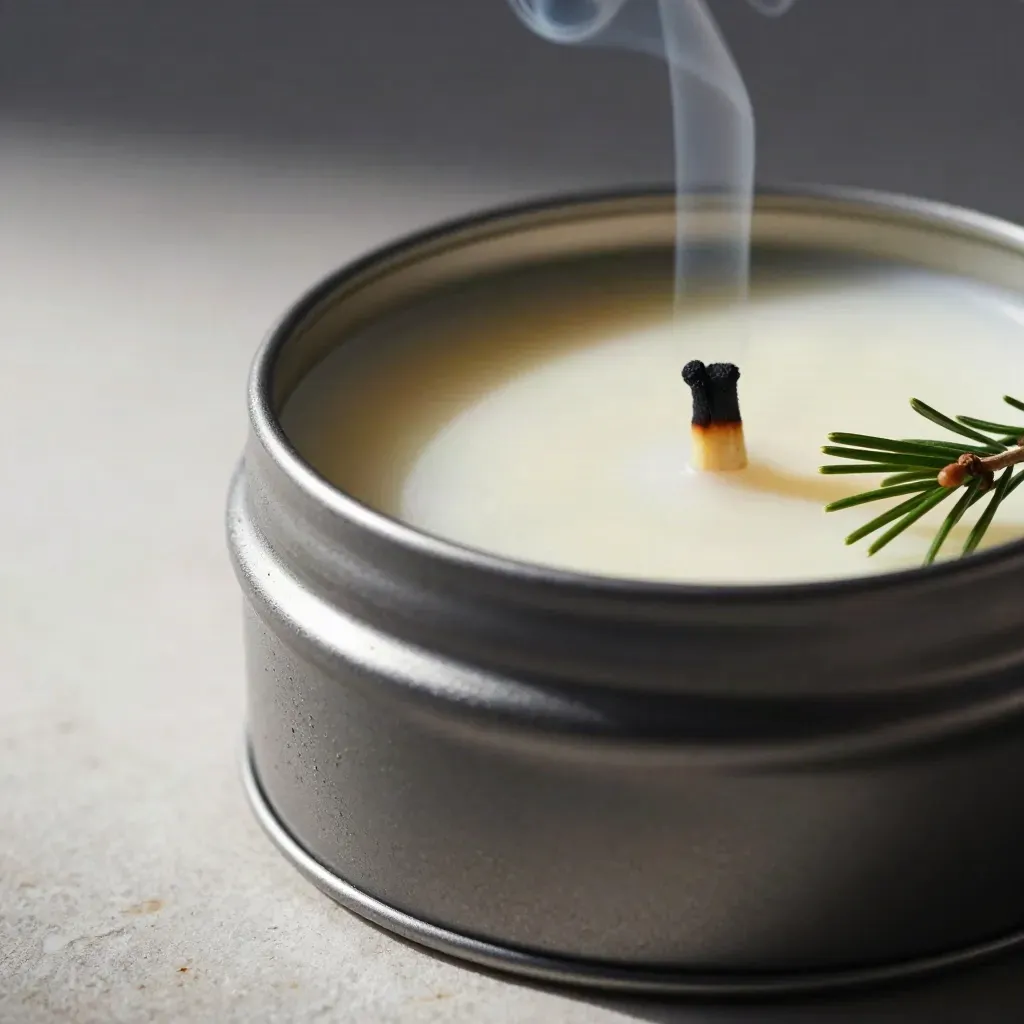 Cedar candle tin with smoking wick, pine needles, and a charred matchstick in macro close-up.