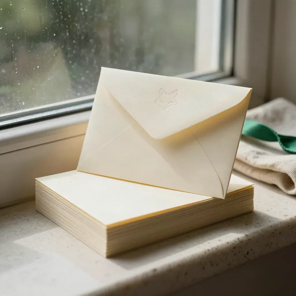 Cream notecards and envelope on travertine by a window with a forest-green accent