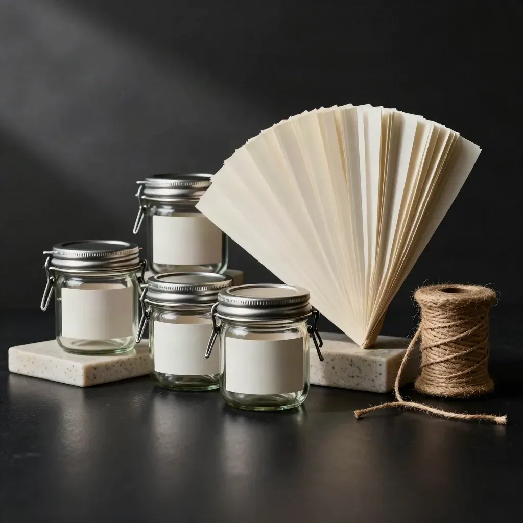 Overhead pantry label kit with glass jars, clip-on tabs, and twine on dark stone