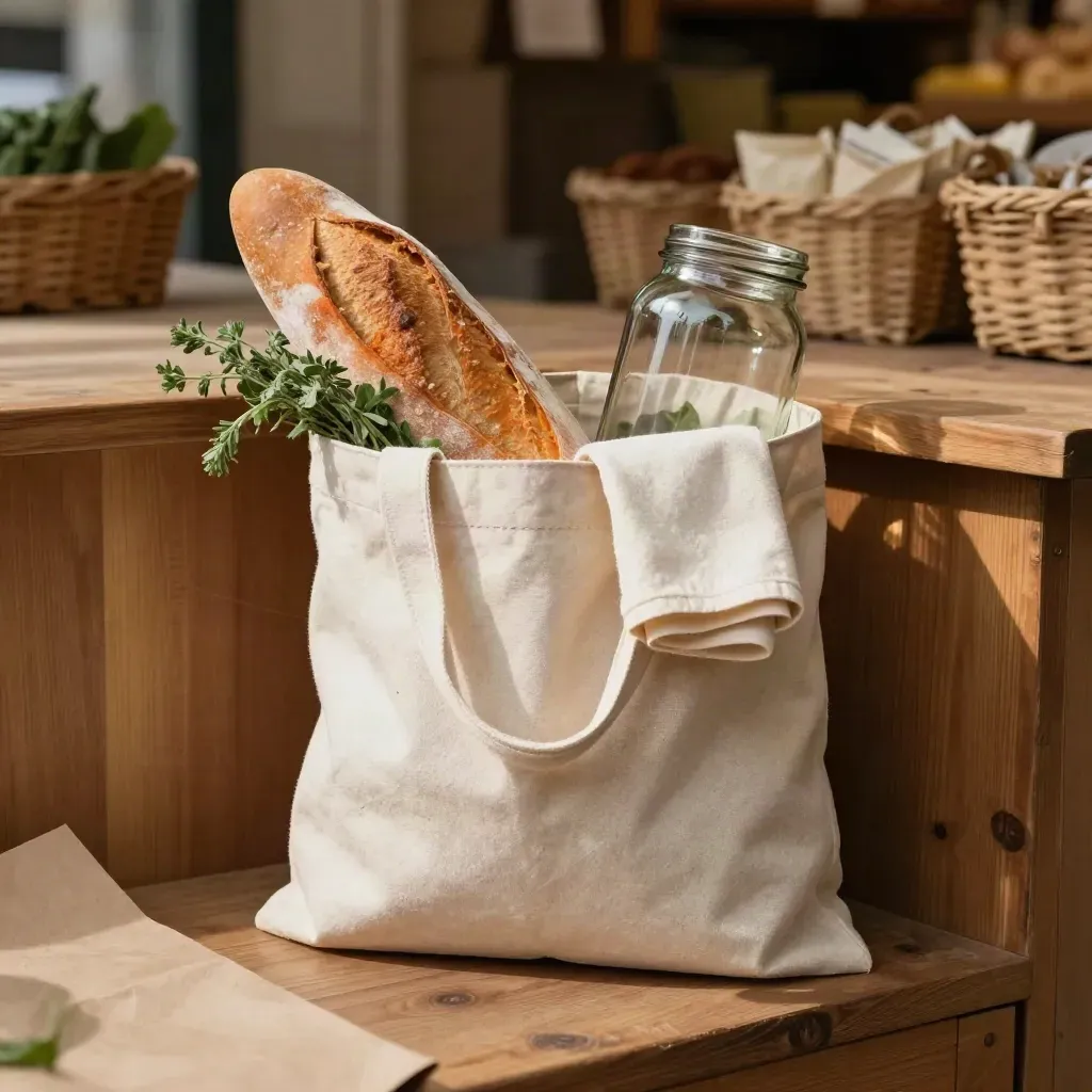Canvas market tote filled with groceries, tea towel and jar on a warm packing counter.