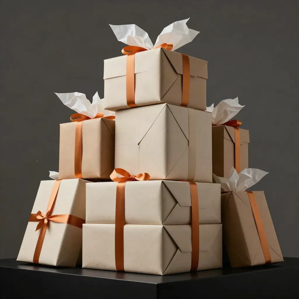 Gift boxes burst open in a dramatic studio product shot with tissue and ribbons.