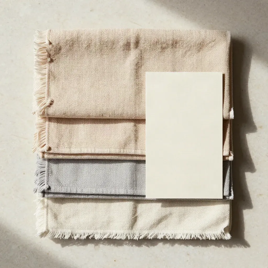Four folded cream cotton tea towels fanned on pale travertine with gentle shadows.