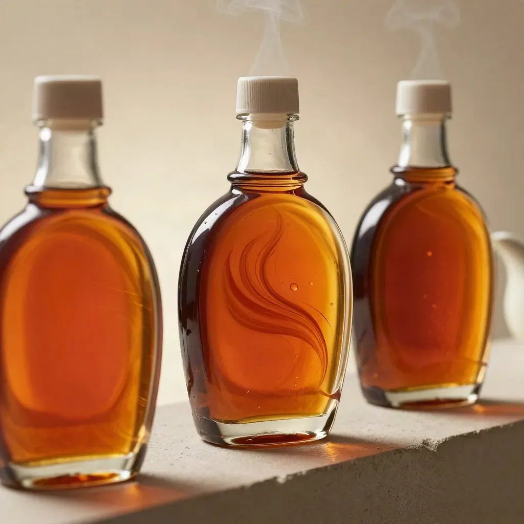 Three maple syrup bottles and a ceramic pourer in a warm macro close-up