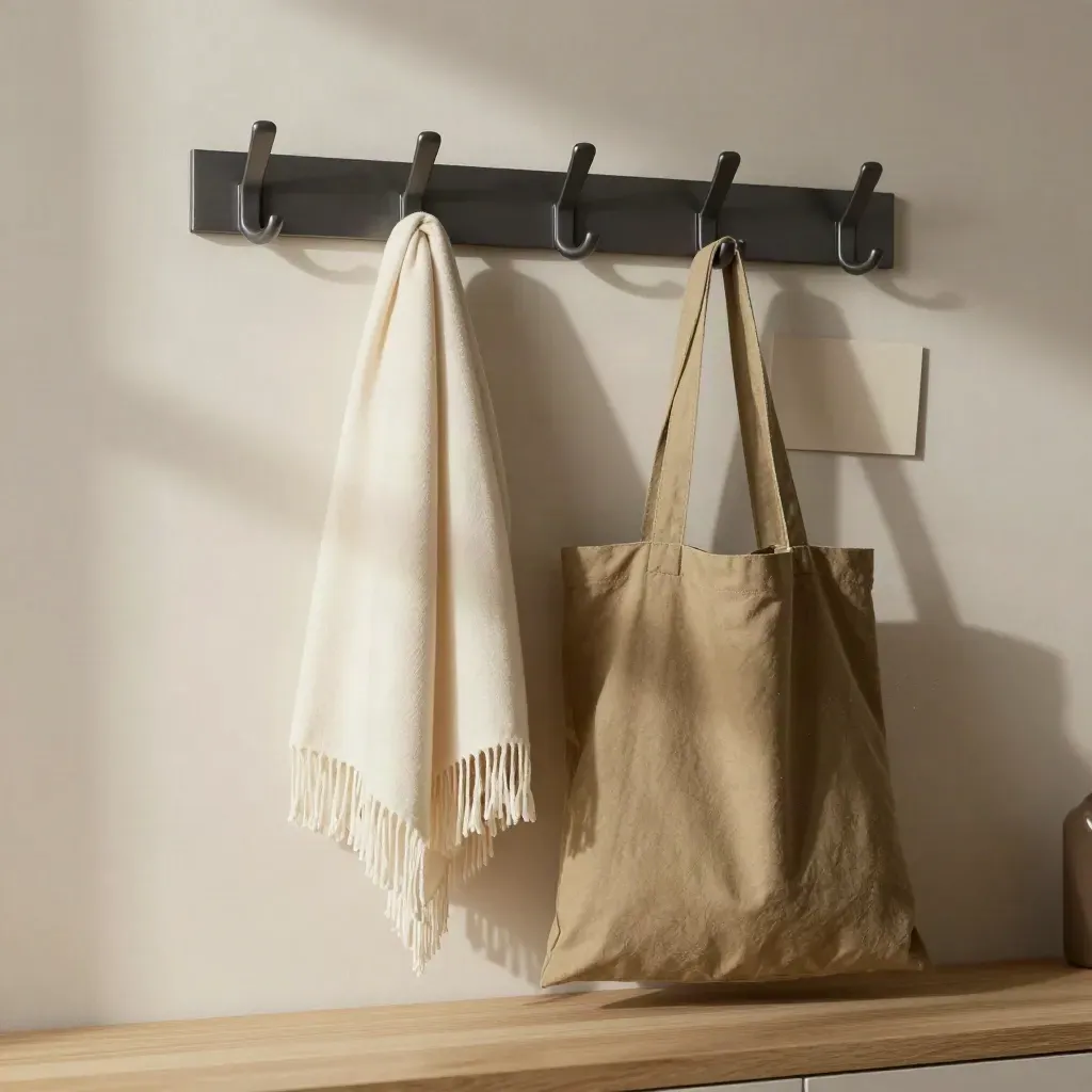 Charcoal wall hook rail with scarf and tote on a plaster wall, low hero angle.