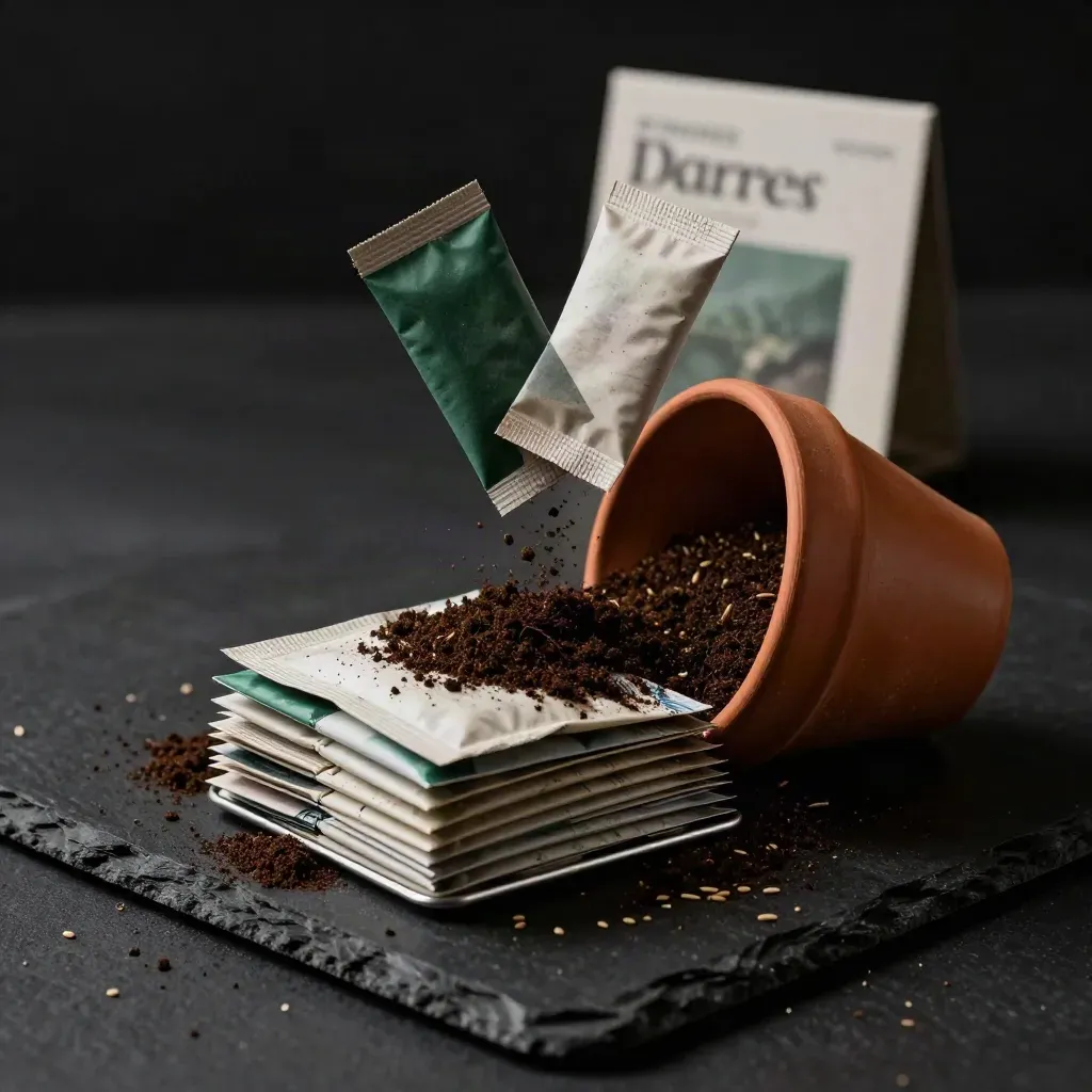 Open seed packet tin with stacked packs, terracotta pot and falling packets on matte black.