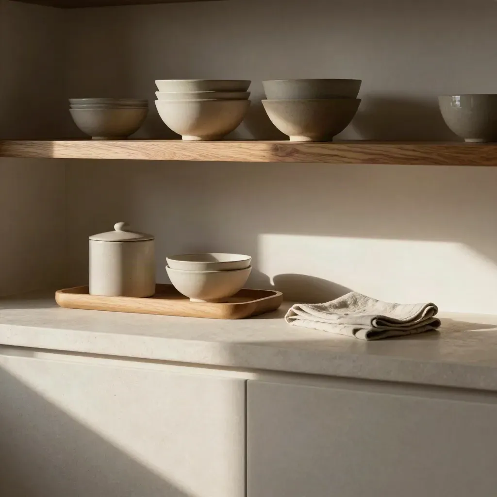 Stoneware bowls, linen cloth, and oak shelf in a calm sunlit home interior