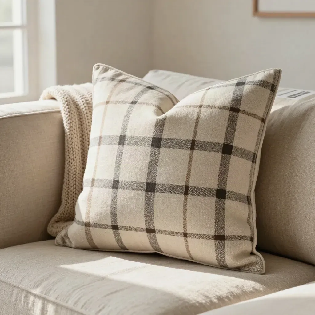 Cream plaid throw pillow on a linen sofa with a knit throw in soft window light.