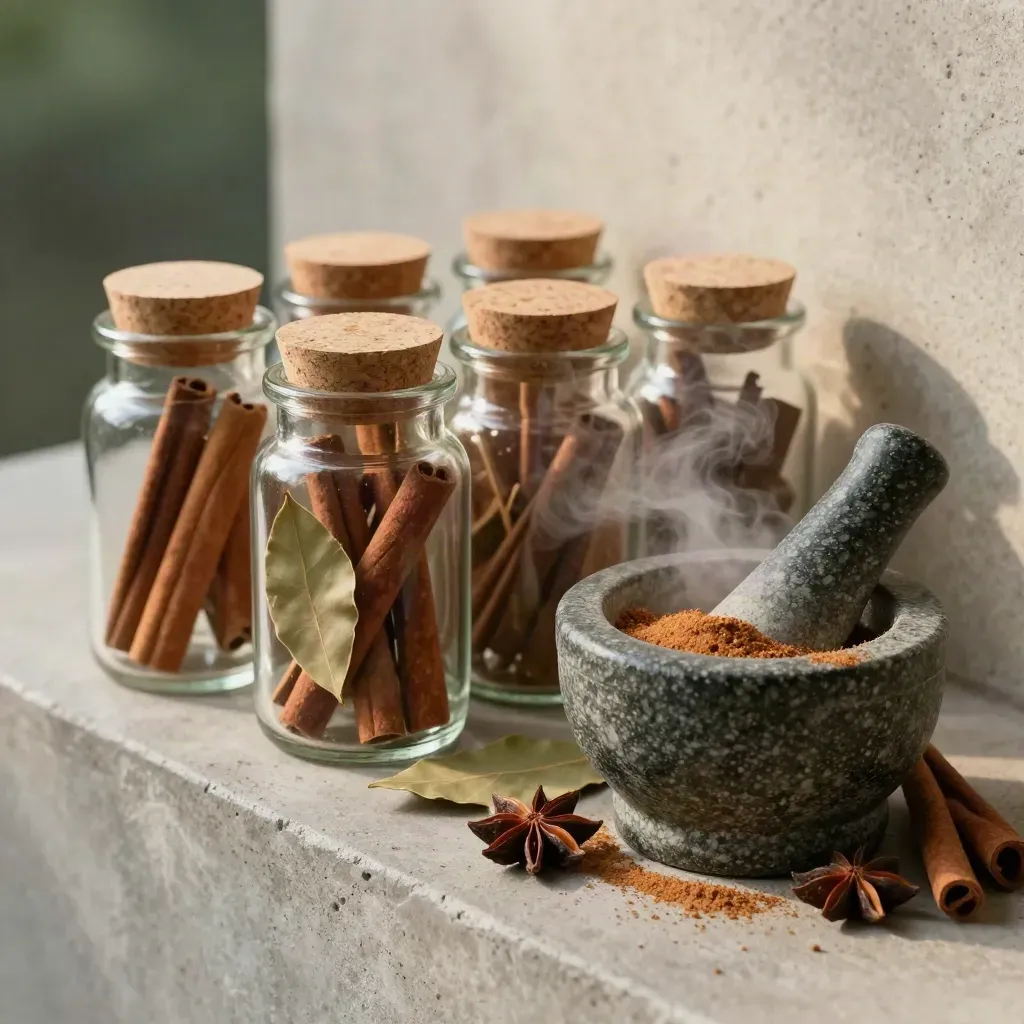 Macro of unlabelled spice jars with cinnamon, star anise, bay leaves and a stone mortar, spice haze rising