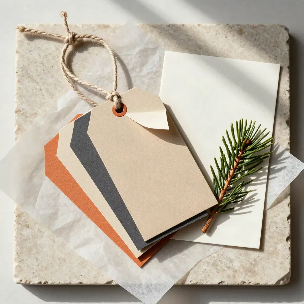 Overhead flatlay of holiday gift tags, twine, wax paper and pine sprig on pale stone.