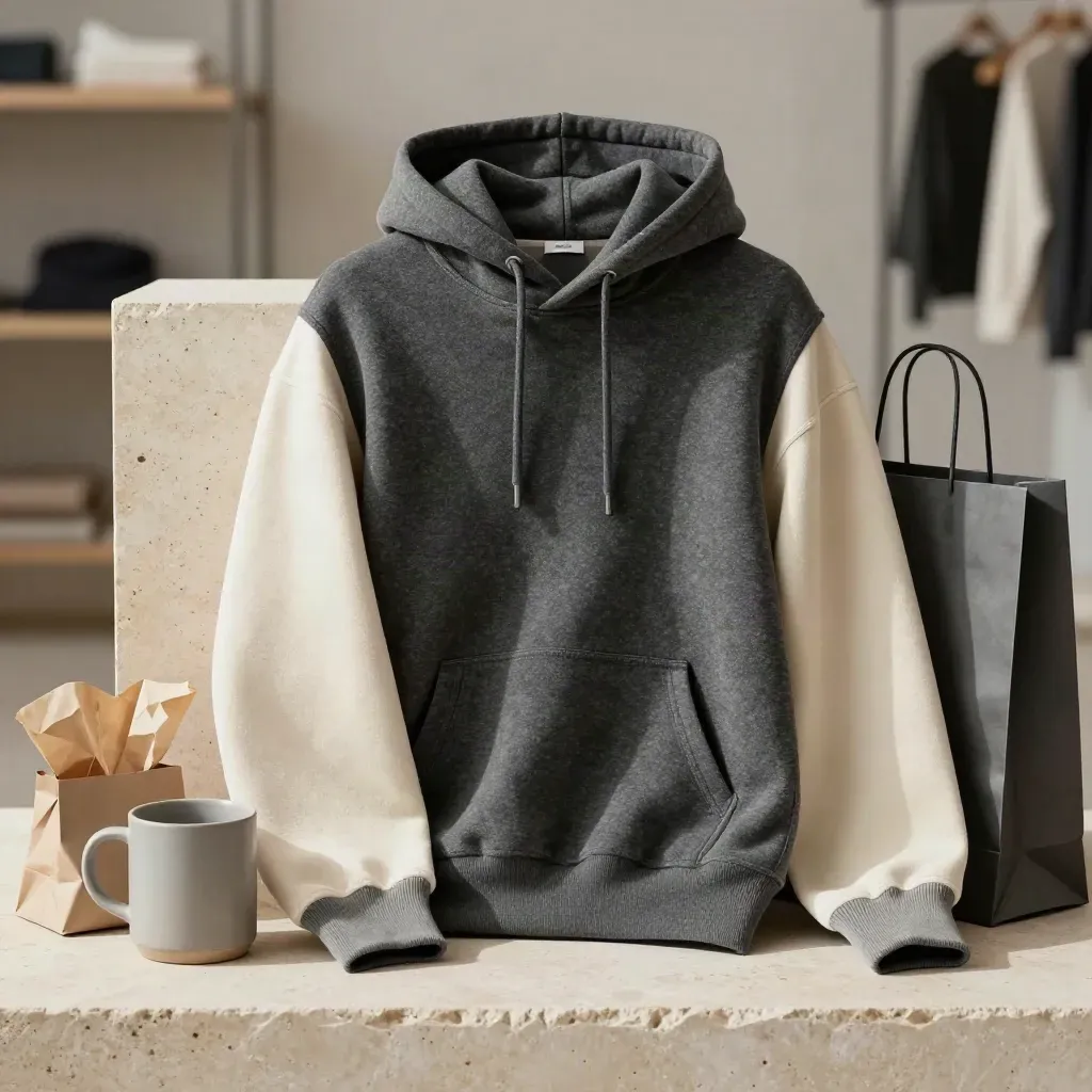 Charcoal hoodie draped on a simple form, sleeves folded inward, in a soft studio hero shot.