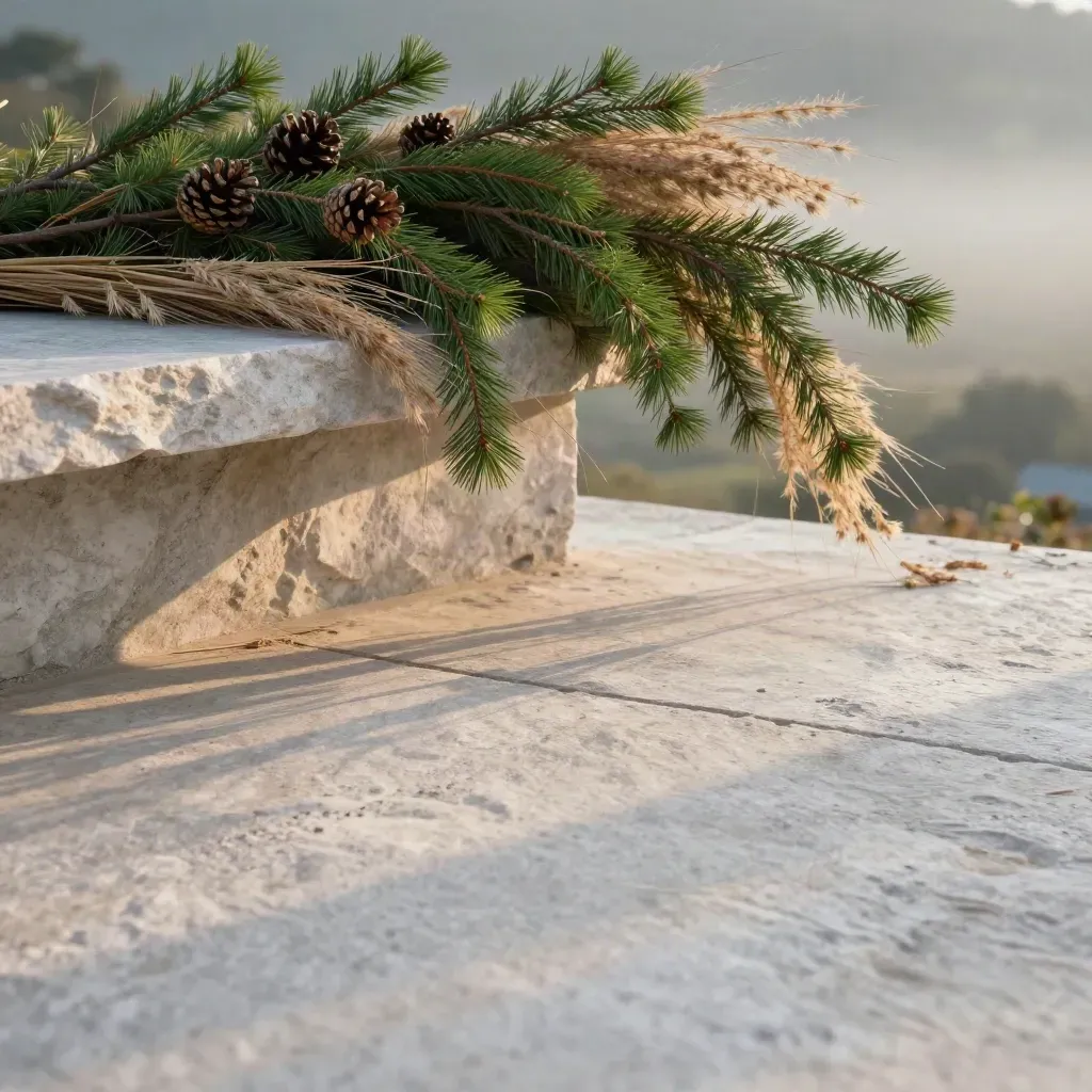 Cedar boughs, dried grasses, and pinecones on a misty stone ledge at sunset.