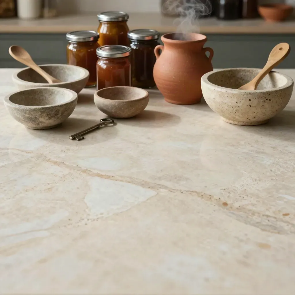 Pantry still life on marble with bowls, olive wood utensils, sealed jars and rising steam.