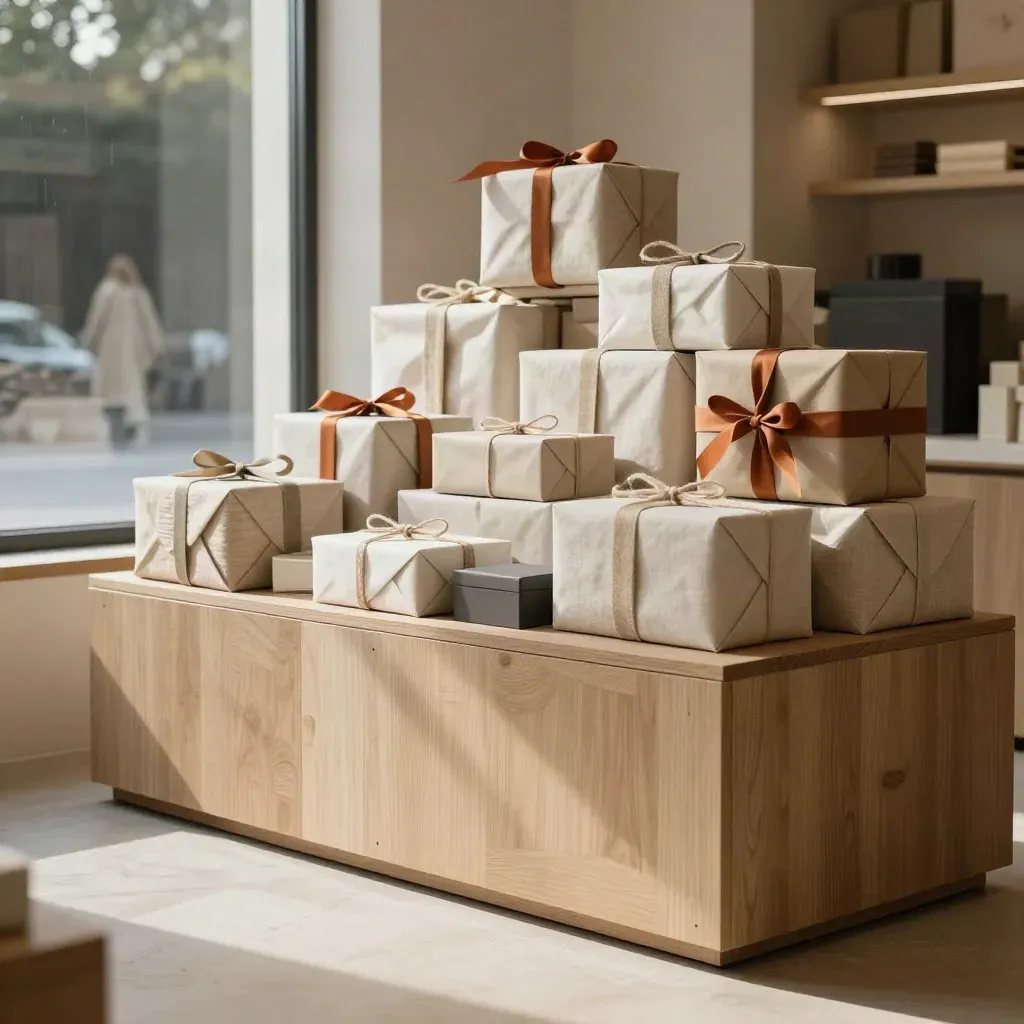Stacked gift boxes in a sunlit boutique interior with tall windows and calm copy space.