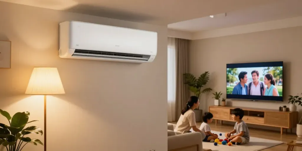 Ductless AC unit in a cozy living room with a family enjoying a movie night.