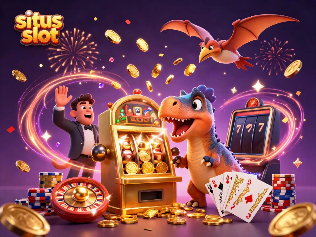 Experience exciting jackpot wins at situs slot with this dynamic casino-themed illustration featuring animated characters.