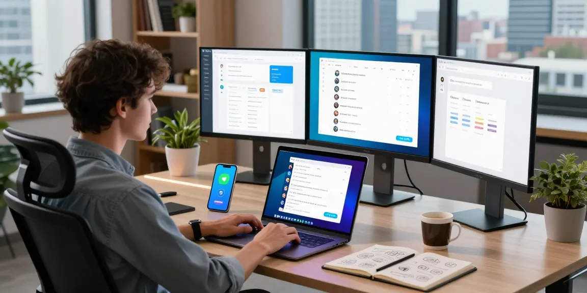 Using Telegram Web Version on a laptop in a modern office setup with vibrant chat interfaces and city skyline view.